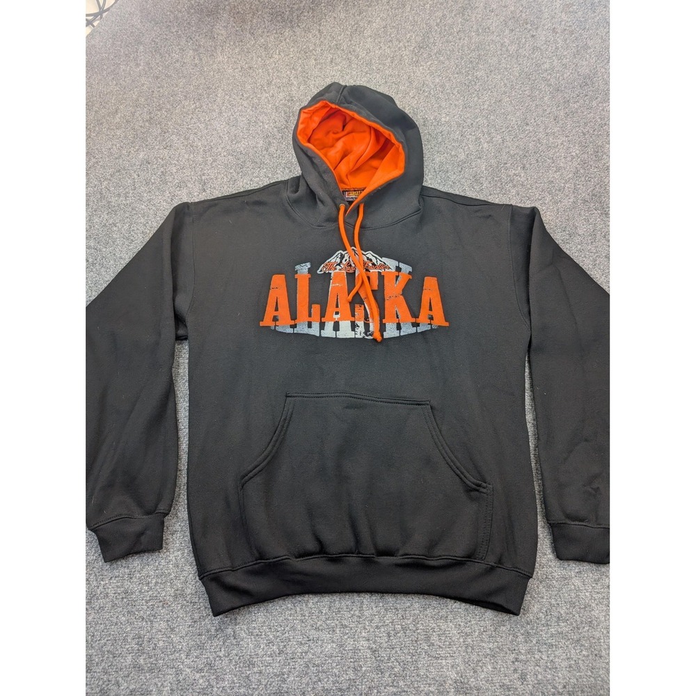 Alaska‎ Hoodie Mens Large Black Orange The Last Frontier Graphic Print Made USA